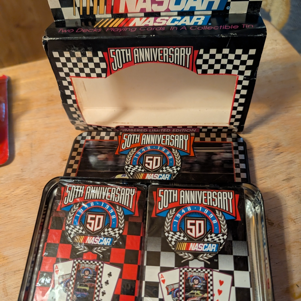 Nascar 50th Anniversary Tin with Red, Black, and White Design